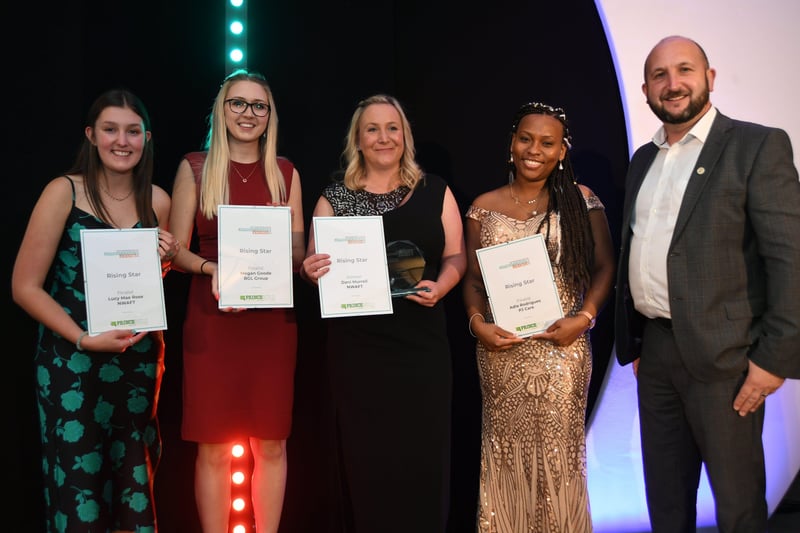 Peterborough Apprenticeship Awards 2021.   Rising Star award.  Adla Rodrigues,  Luci Mae Rose, Dani Murrell (winner) and Megan Goode with Matthew Pudney from Princebuild.