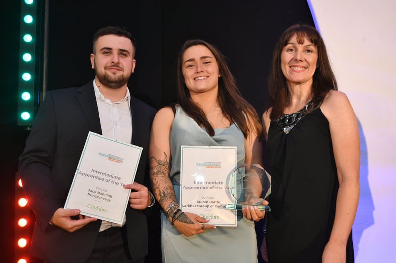 Peterborough Apprenticeship Awards 2021. Intermediate Apprentice of the Year  Jack manning and winner Lauren Bartle with sponsor Rebecca Stephens from City Fibre. EMN-210925-004458009