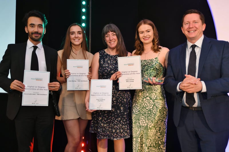 Peterborough Apprenticeship Awards 2021.  Higher of Degree Apprentice of the Year Nezamadin Azizi, Ellie Stamp, Amy Lundberg and winner Katie Amess with Professor Ross Renton from ARU Peterborough EMN-210925-004542009