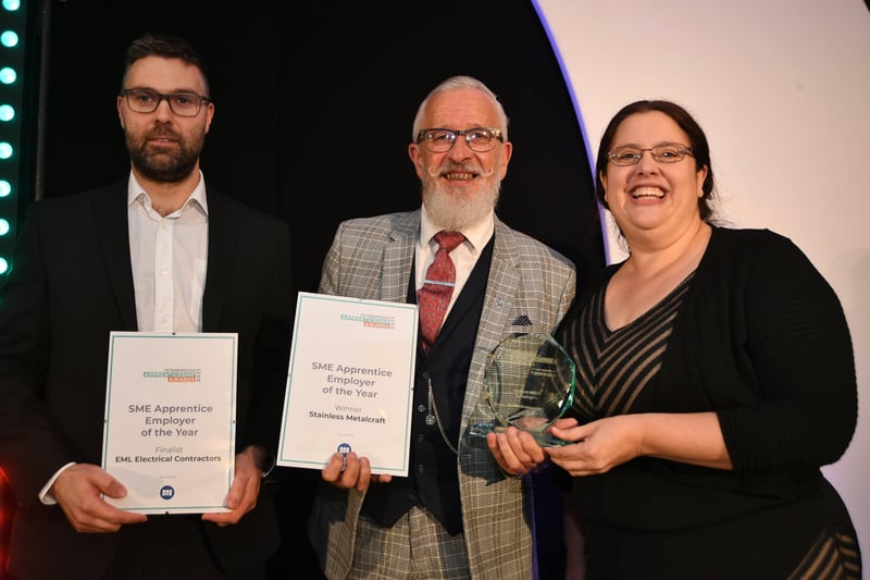 Peterborough Apprenticeship Awards 2021. SME Employer of the Year representatives from  EML Electrical Contractors and (winner) Stainless Melalcraft with sponsor Suzanne Gilbert from BGL. EMN-210925-004554009