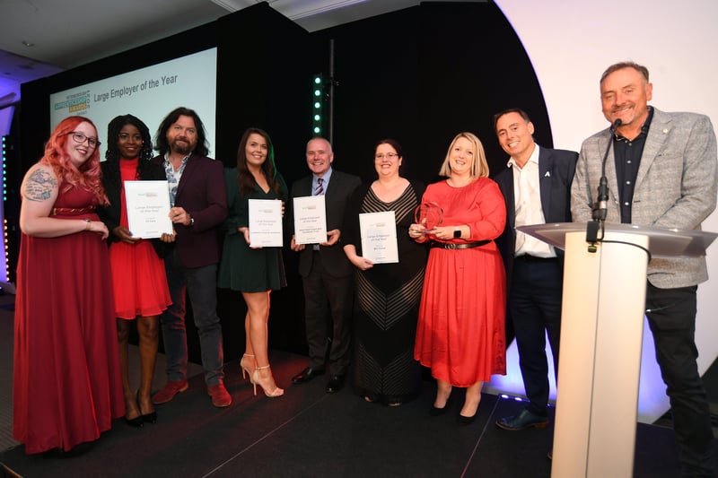 Peterborough Apprenticeship Awards 2021.  Large Employer of the Year representatives from BGL (winners) , Larkfleet Group,  North West Anglia NHS Foundation Trust and PJ Care with sponsor Matt O'Conner and compare Kev Lawrence. EMN-210925-004700009