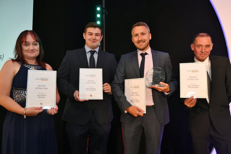 Peterborough Apprenticeship Awards 2021.  Mentor of the Year Lyn Arnull, Marcus Vanner, winner Thomas Mann and John Woodrow EMN-210925-004447009