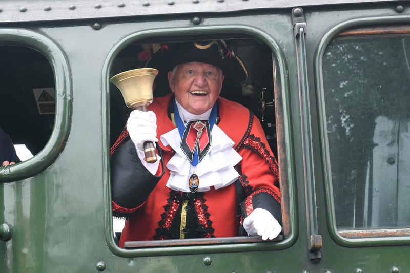 All aboard - Mablethorpe Town Crier David Summers on the Flying Scotsman.