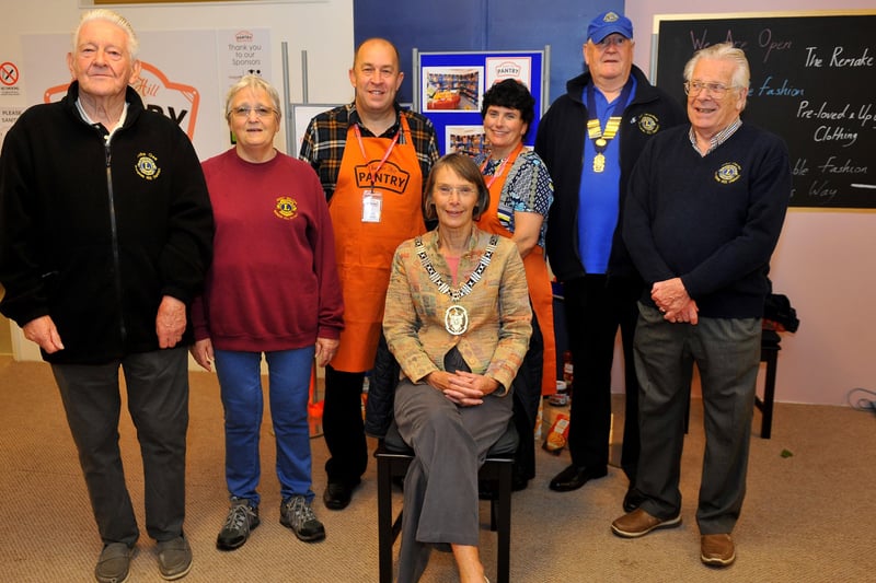 Burgess Hill town mayor Anne Eves with Burgess Hill District Lions members and pantry volunteers. Picture: Steve Robards, SR2109271.
