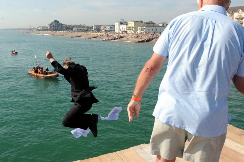 Bognor mayor Jim Brooks gets a push into the sea as he is giving his speech. Picture: Kate Shemilt C111567-18