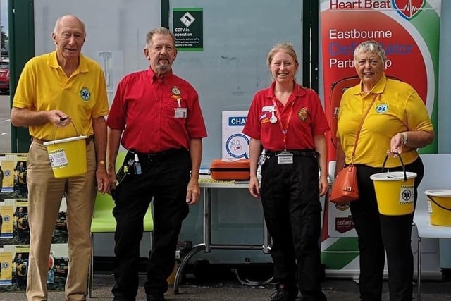 Community First Responders held a collection in Morrison Eastbourne to raise money and awareness of the voluntary emergency first aid service. Pictured in yellow are Alec and Betty Stephens, both friends of Community First responders, and in red are Richard Bradford, group team leader and senior responder Charlotte. The collection, which took place on Saturday, September 11 and Sunday, September 12, raised £734 from generous Morrisons customers.