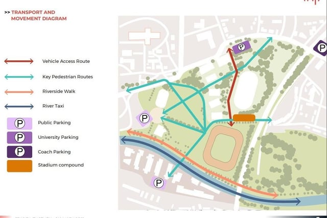 Proposed access routes and how people would access the stadium. The club said said that a potential slip road from Frank Perkins Parkway northbound onto Bishop’s Road may also need to be considered.