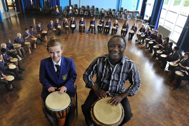 African drumming at Hemel Hempstead School in 2011. Pictured are pupil and teacher, Eleanor Metcalfe, 12, and Ajao Oki.