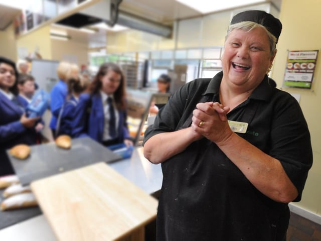 Hemel Hempstead School dinner lady Sue Hoare celebrates winning a Catering Assistant of the Year award on her 60th birthday in 2013