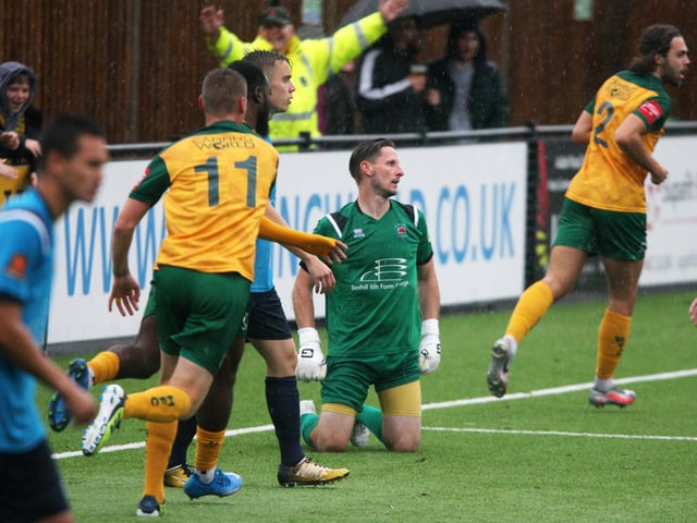 Action from Horsham v Eastbourne Borough in the FA Cup third qualifying round