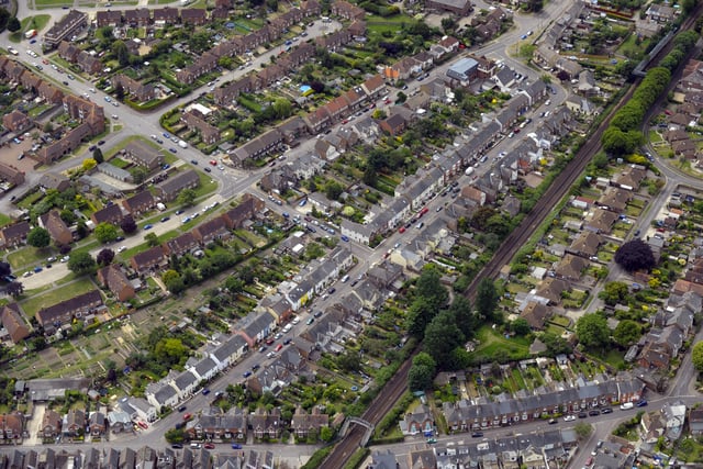 Aerial view of Grove Road and Kingsham Avenue, Chichester.
 
Picture: Allan Hutchings