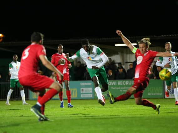 Action from Tuesday night's clash between Bognor Regis Town and Leatherhead. Pictures by Martin Denyer