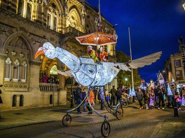 Shanti the bird is one of the favourite pedal-powered puppets leading the procession