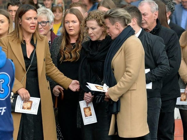 Noah's mum Fiona Donohoe (all in black) in the funeral cortege as it approached St. Patrick's Church.