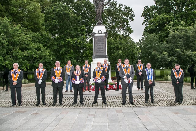 Officers of Lisburn District LOL No6  at a wreath laying ceremony at Lisburn War Memorial on July 1 to commemorate the Battle of the Somme. Pic by Norman Birggs, rnbphotographyni