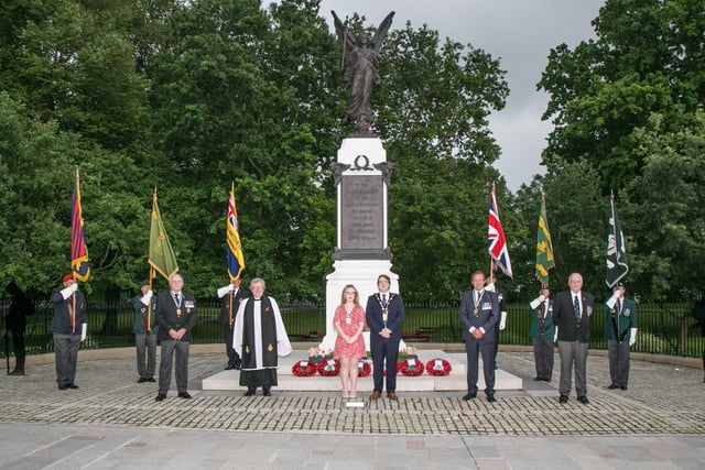 A wreath laying ceremony was held at Lisburn War Memorial on July 1 to commemorate the Battle of the Somme.The Mayor and Mayoress are pictured with Officers of the Royal British Legion Lisburn, Standard Bearers and Legion Padre Rev Nicholas Dark. Pic by Norman Birggs, rnbphotographyni