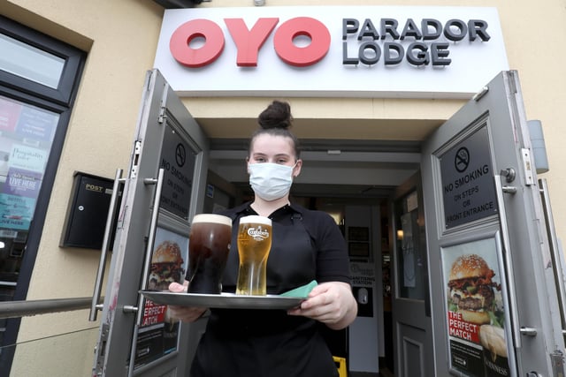 People in Belfast city centre as the re-opening of hotels, restaurants and bars across Northern Ireland takes place after the lockdown process.

Parador Bar.

Photo by Matt Mackey / Press Eye.