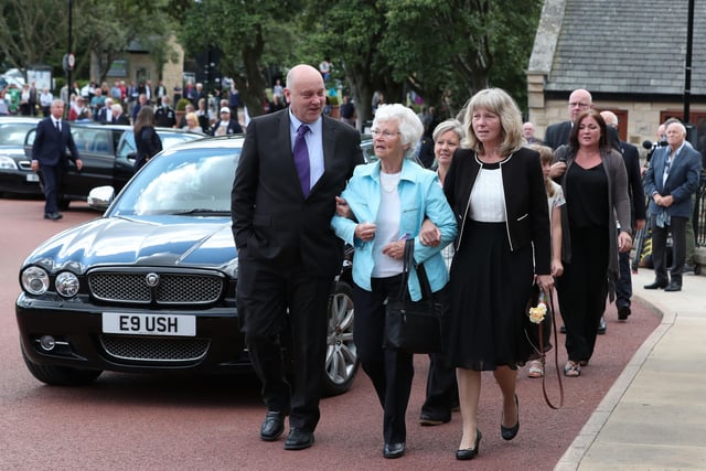 Wife Pat (centre) outside  West Road Crematorium, in Newcastle arriving for the funeral of Jack Charlton