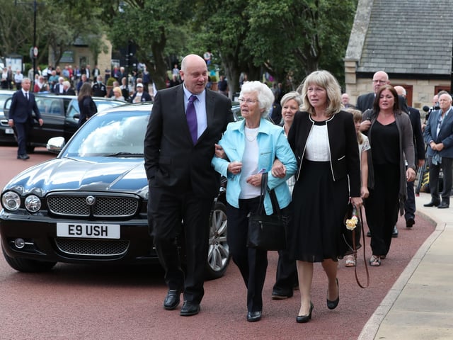 Wife Pat (centre) outside West Road Crematorium, in Newcastle arriving for the funeral of Jack Charlton
