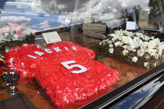Floral tributes for Jack Charlton outside  West Road Crematorium, in Newcastle before his funeral
