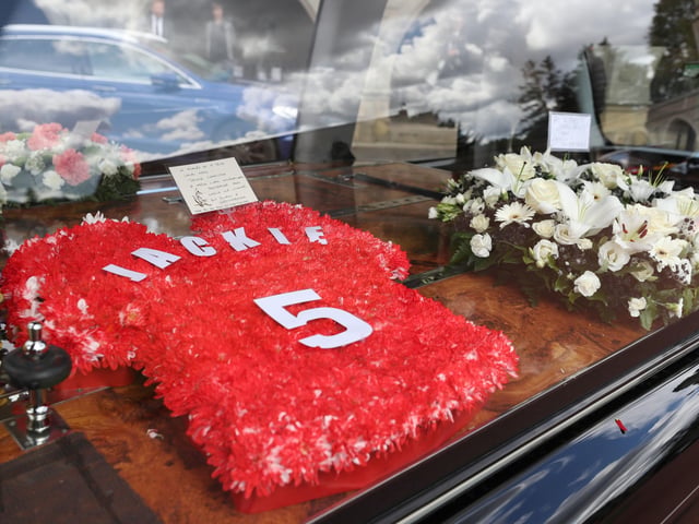 Floral tributes for Jack Charlton outside  West Road Crematorium, in Newcastle before his funeral