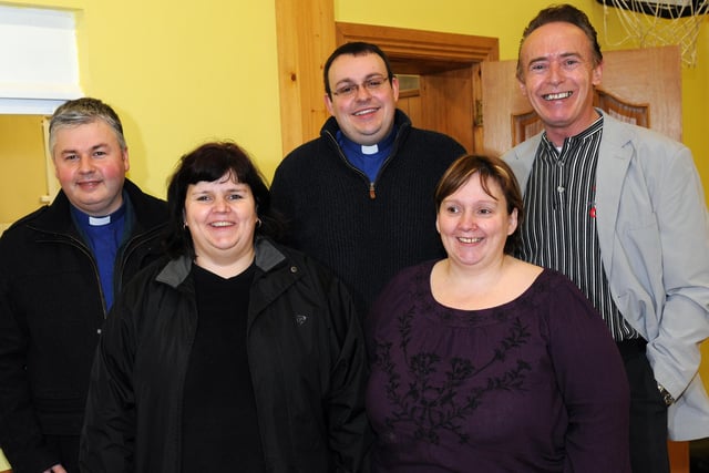 Sean Henry Good Relations officer with Magherafelt Council pictured with the facilitators for the newly formed Maghera Youth Connect - Rev Isaac Hanna, Heather Boyd, Rev Mark Lennox,Pamela Hunter, when they attended their first project, a cake stall held at St. Lurach's Parish Hall, Maghera last Saturday morning.mm03-160ar.