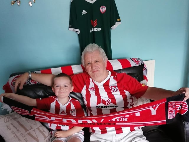 Daniel Higgins with his granda Niall Higgins all set for the Derry City versus Sligo Rovers match.