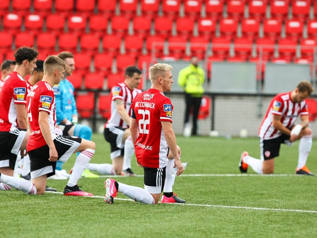 Derry City players taking the knee for Black Lives Matter before Friday night's game against Sligo Rovers. Picture by Maiden City Images