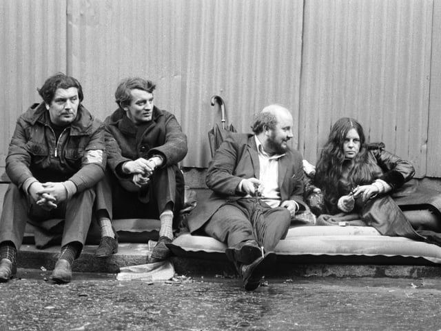 Bernadette Devlin, independent MP for Mid-Ulster, with three Stormont opposition MP's (left to right), John Hume, Austin Currie and Paddy O'Hanlon, during their two-day sit-in hunger strike outside 10 Downing Street to press their demand for a public enquiry into the treatment of detainees in Northern Ireland