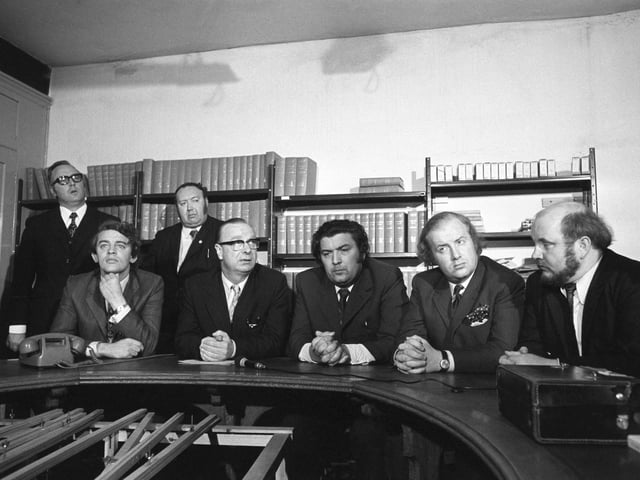 A Social Democratic and Labour Party press conference at the Tribine offices in Smithfield. (l-r) Austin Currie MP, Gerry Fitt MP, John Hume MP, Ivan Cooper MP and Paddy O'Hanlon. Behind them is Edward McGrady (left) and Paddy Devlin MP.