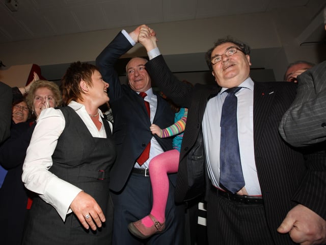 SDLP Annual Conference at the Slieve Donard Hotel in Newcastle in County  Down where delegates were choosing a new party leader. Mark Durkan MLA, MP, pictured with wife Jackie and five-year-old daughter Dearbhail with John Hume after addressing  the party conference.