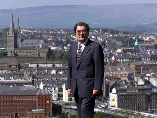 Nobel Laureate John Hume M.P. with Londonderry city in the background, before Londonderry City Council honour the SDLP leader Hume by giving him the freedom of the city.