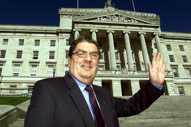 Social Democratic Labour Party's (SDLP) John Hume in front of the Stormont Building near Belfast