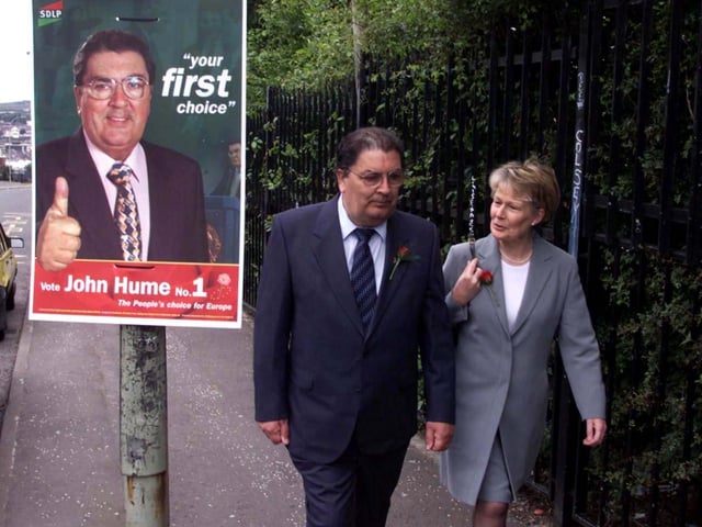 John Hume and his wife Pat arrive at St. Johns PrimarySchool,Londonderry, to cast their vote in the European Elections.