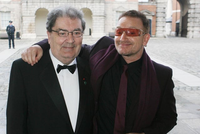 Former SDLP leader John Hume, left and rockstar Bono arrive at Dublin Castle for a gala dinner which forms part of a series of events to mark the 10th anniversary of the Good Friday Agreement.
