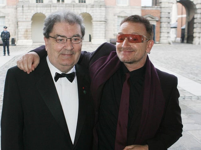 Former SDLP leader John Hume, left and rockstar Bono arrive at Dublin Castle for a gala dinner which forms part of a series of events to mark the 10th anniversary of the Good Friday Agreement.