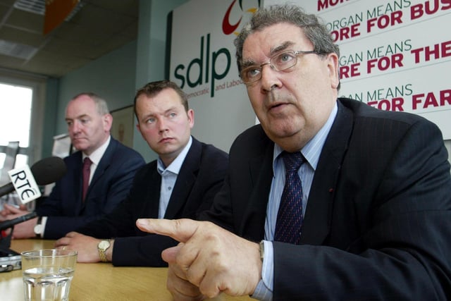 Former SDLP leader and MEP John Hume (right), with SDLP European election candidate Martin Morgan (centre), and party leader Mark Durkan at a party press conference in Belfast.