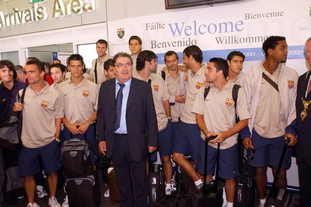 The late great, John Hume welcomes Barcelona to Derry at City of Derry airport on August 12th 2003.