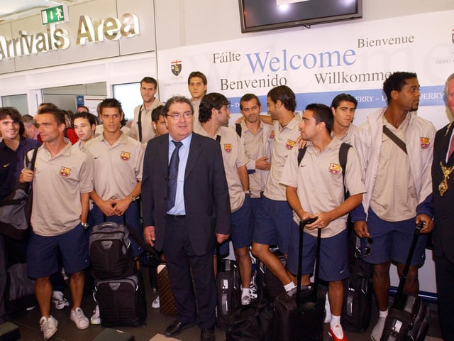 The late great, John Hume welcomes Barcelona to Derry at City of Derry airport on August 12th 2003.