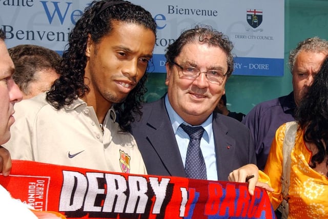 The late John Hume, who was instrumental in bringing Barcelona to Brandywell Stadium, pictured with Ronaldinho who would later make his debut for the Catalans against Derry.