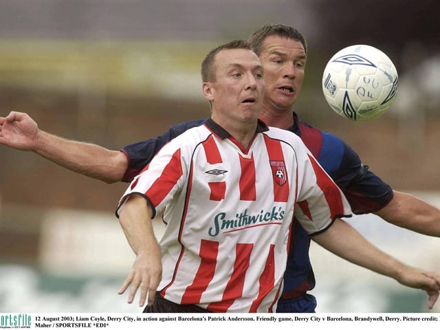 Derry City striker, Liam Coyle holds up the ball under pressure from Barcelona defender Patrick Andersson during the friendly at Brandywell.