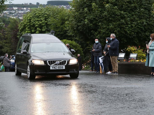The remains of the late John Hume arriving at St. Eugene's Cathedral