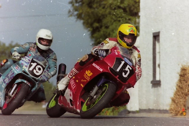 Adrian Archibald (19) and Alan Irwin (15) during the Junior Open race at the Carrowdore 100 in September 1996. Picture: Bob Hamilton