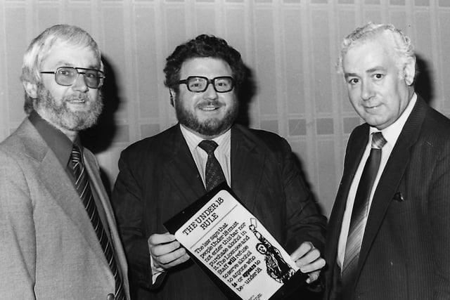Jim Stephens (centre), chairman of the Belfast and Ulster Licensed Vitners' Association, in September 1980 with Harry Sheehan, right, association secretary, and Brian Lamb, treasurer.  In September 1980 Ulster bar owners called 'time' on the government and announced a new drive to combat underage drinking in Northern Ireland. Picture: News letter archives
