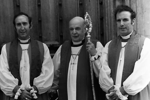 The Most Reverend John Ward Armstrong, centre, Primate of All Ireland, with two new bishops, Canon the Reverend James Mehaffey, who had taken up the post of Bishop of Derry and Raphoe; and the Venerable Gordon McMullan, who had taken up the post of Bishop of Clogher, after a service in St Patrick’s Cathedral, Armagh, in September 1980. The News Letter noted the appointments had cut the average age in the House of Bishops from 62 to 58, with Bishop Robert Eames of Down the youngest member, at 43. Picture: News Letter archives