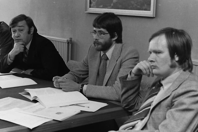 Facing up to the gloom of jobs inequality – from left, Mr Bob McCormack, Mr Bob Cooper, Mr R D Osborne and Mr William Thompson, launch their report, ‘Into Work’ at the Fair Employment Agency in September 1980. Picture: News Letter archives