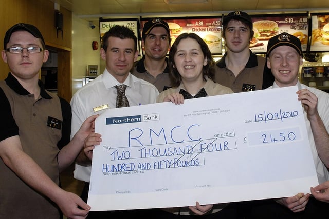 Staff at McDonald’s Restaurant, Portadown, raised £2450 for the Ronald McDonald’s Children’s Charities Appeal by taking part in a sponsored walk in 2010. Staff included in the photo are from left, Martin-Leo Quirke, Slawek Zlotnik, Martin Meister, Michelle Hazard, manager; Kyle Telford, Michael Smith and Kasia Drywa