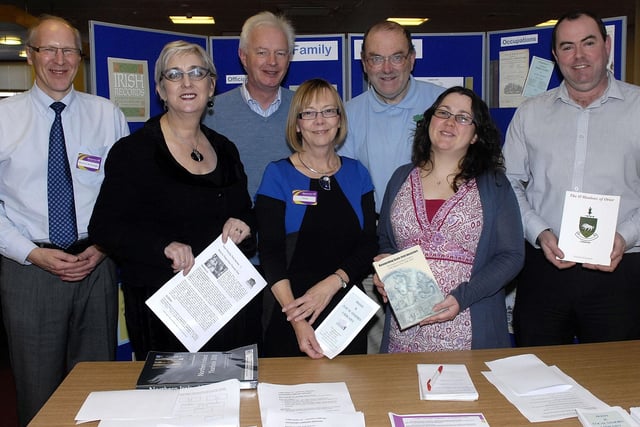 Some of the exhibitors who attended a Family History Fair at Portadown Library in 2010. Included are from left, Maurice McDonagh, Libaries NI, Dr Ann McVeigh, Public Record Office NI, Richard Burns, North armagh Family History Society, Helen Grimes, Libaries NI, Randal Gill, president, North Of Ireland Family History Society, Gillian Hunt, Ulster Historical Foundation, and Roddy Hegarty, Cardinal O’Fiaich Library