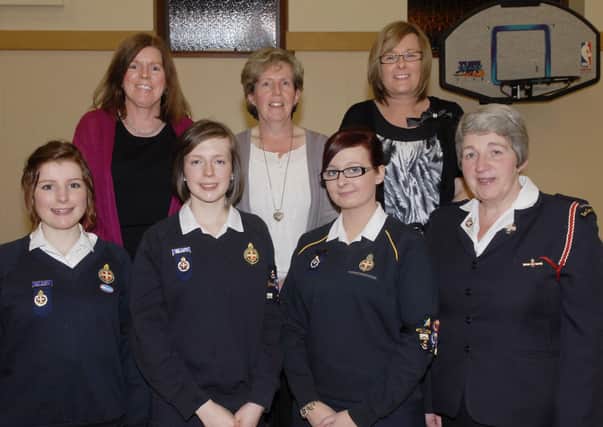 Ruth Bunting, Rachel Longwell and Victoria McGonigle, who were presented with Queen's Awards, the highest award in the Girls Brigade, at the annual Inspection & Display held on Thursday night by 320th Kilfennan Girls' Brigade. Included are, from left, Margaret Bunting, Margaret Longwell, Hazel McGonigle, and Roberta Smith, Company Captain. LS18-152KM10