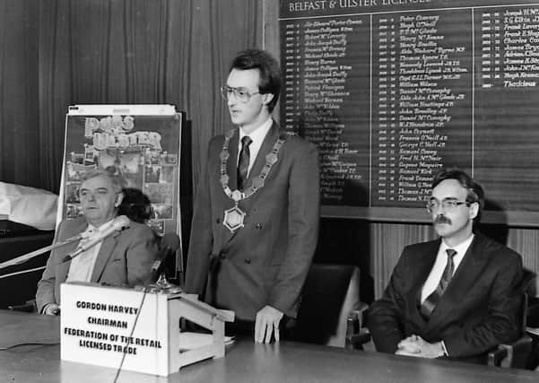 The Federation of Retail Licensed Trade in October 1987 announced its plans to implement the Sunday opening laws, included in the picture are, from left, Pat Connolly, vice chairman, Gordon Harvey, chairman, and Brian Gray, secretary. But anti-Sunday opening 'militants' threatened to do battle with those who choose to open on a Sunday. The Reverend David McIlveen, minister of Sandown Road Free Presbyterian Church in Belfast said: "We are keeping our plans very much to ourselves for obvious reasons but protests have been organised at local level by individual congregations throughout Ulster. Our actions, however, will be peaceful and dignified at all times." Picture: News Letter archives